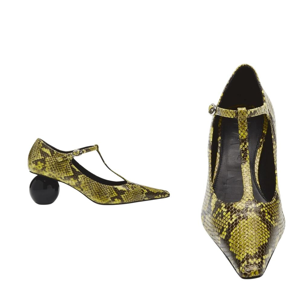 Marni Pumps Orb T Strap Size 37 US 7 Lime Snakeskin Embossed Ball Heel Italy NEW